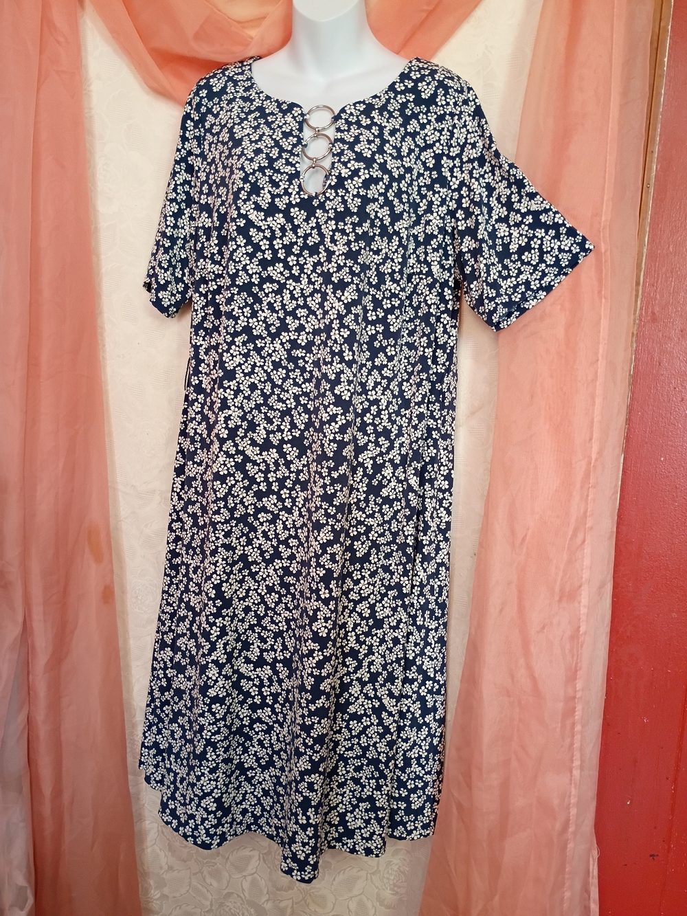 MSK Ladies Navy and White Floral Midi Dress with Ring Detail Sz 1X